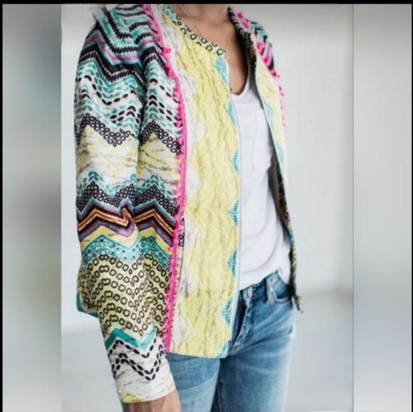Molly Bracken Jackets & Blazers - Molly Bracken Boho Aztec Print with Pom Poms Jacket Size Medium